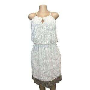 K-126 Emma & Michele Women's Size 10 White Lace Sleeveless Midi Dress Brown Hem
